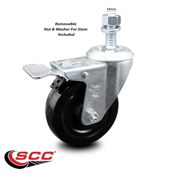 Service Caster 4 Inch Hard Rubber Wheel Swivel 12mm Threaded Stem Caster Total Lock Brake SCC-TSTTL20S414-HRS-M1215 - main